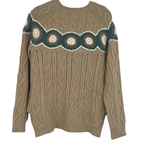 Listicle Sweater Women's Small Tan Chunky Cable Knit Crochet Embroidery Pockets - Picture 2 of 10